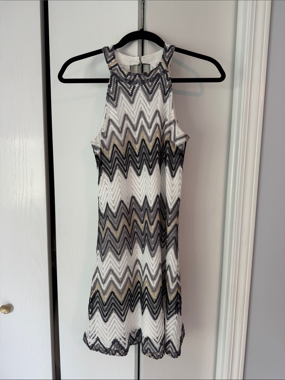 Candie's Chevron Halter Mini Dress in White, Gray, Black, and Tan